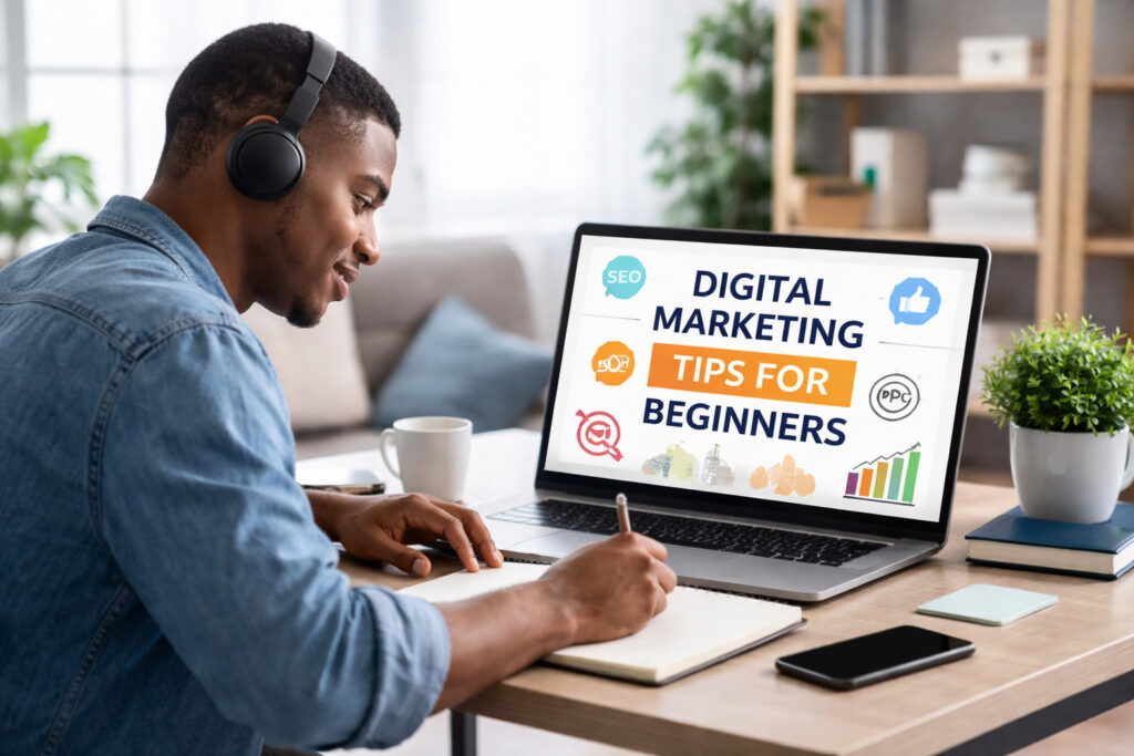 Digital marketing tips for beginners shown on laptop screen