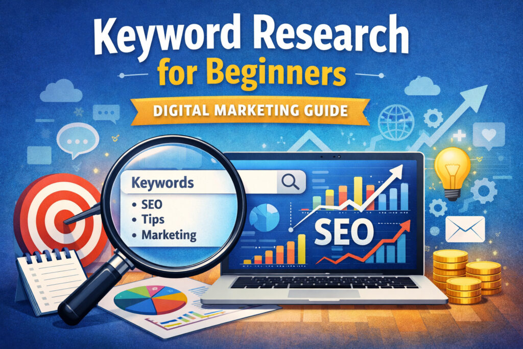 Keyword research for beginners digital marketing guide illustration showing SEO analytics and keyword strategy concepts