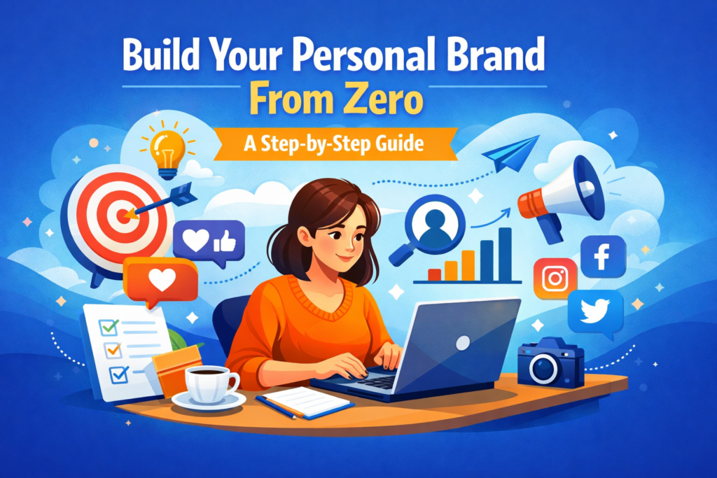 Illustration of a person working on a laptop with social media icons, charts, and checklist, representing building a personal brand step-by-step.